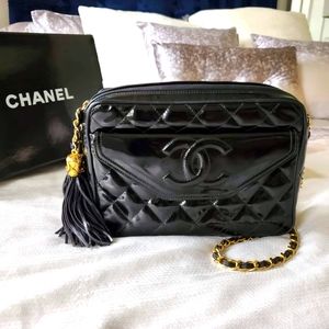 SOLD - CHANEL Vintage Black Patent Quilted Camera Bag 100% Authentic